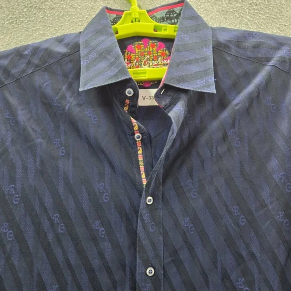 Robert Graham Men Button Up Shirt Large Blue Striped Logo RG‎ Textured Collar
